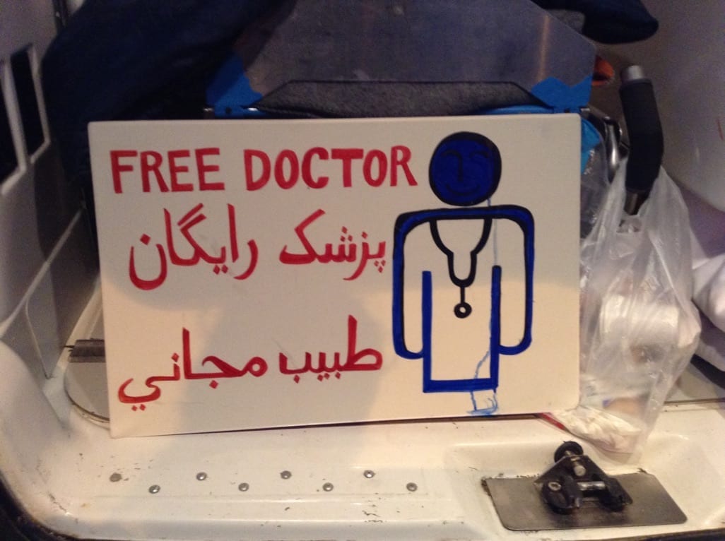Free Doctor sign at Idomeni Refugee Camp
